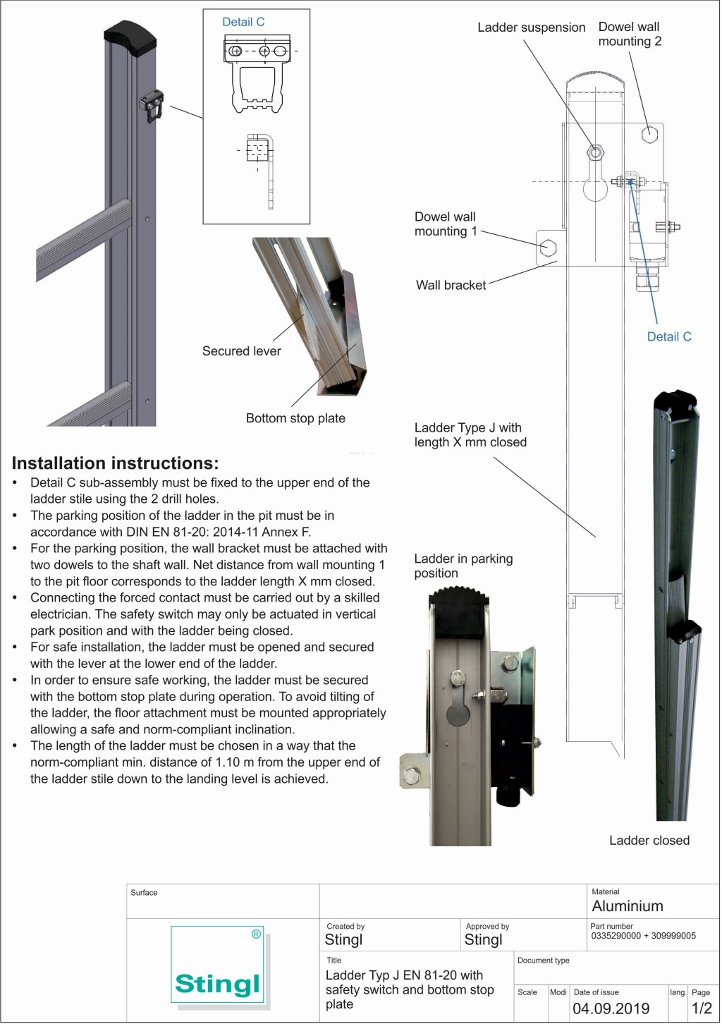 Mounting instructions EN/DE for wall mounting of ladder type J EN 81-20